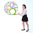 Young business woman presenting colourful speach bubble