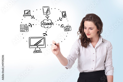 Photo: Young woman drawing a cloud computing on whiteboard Young woman drawing a cloud computing on whiteboard