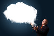 Crazy businessman presenting abstract cloud copy space