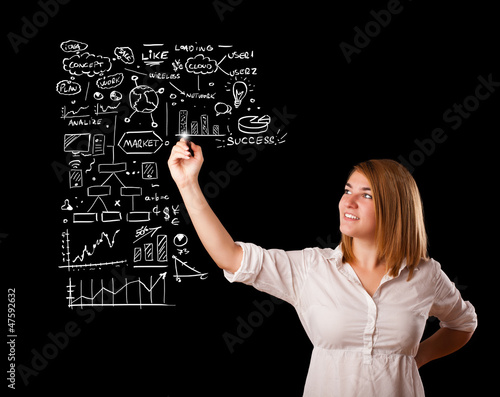 Photo: Woman drawing business scheme and icons on whiteboard Woman drawing business scheme and icons on whiteboard