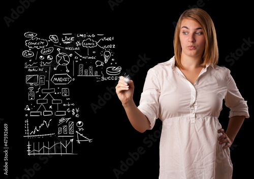Photo: Woman drawing business scheme and icons on whiteboard Woman drawing business scheme and icons on whiteboard