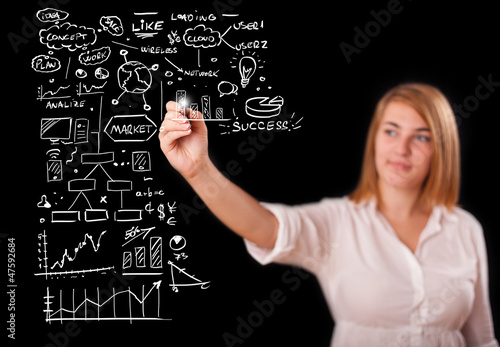 Photo: Woman drawing business scheme and icons on whiteboard Woman drawing business scheme and icons on whiteboard