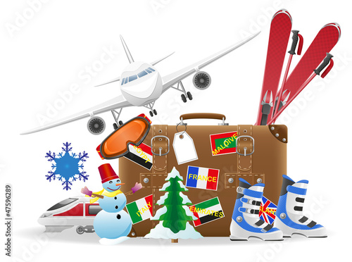 Vector: old suitcase for travel and elements for a winter recreation vec old suitcase for travel and elements for a winter recreation vec