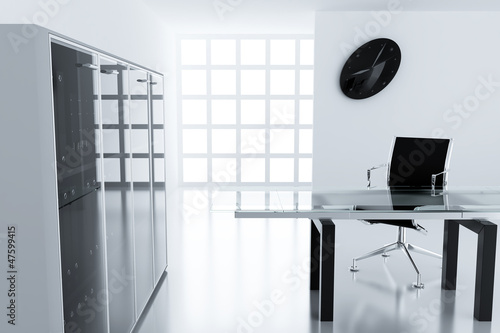 Illustration: Light modern cubicle with a table and an armchair Light modern cubicle with a table and an armchair
