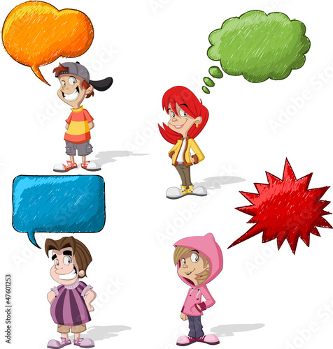 Vector: Cartoon children talking with speech balloon Cartoon children talking with speech balloon