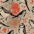 Vektor: Titmouse in Rowan tree / Seamless background with birds Titmouse in Rowan tree / Seamless background with birds