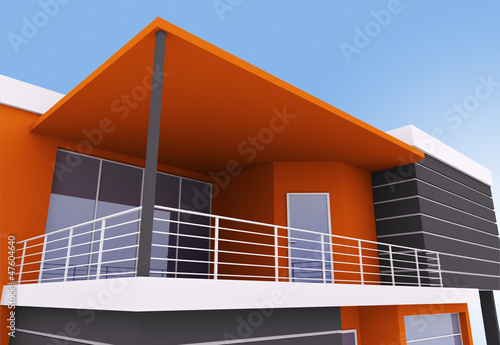 Illustration: Exterior of modern house with terrace Exterior of modern house with terrace