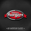 Delicious burgers button on leather background