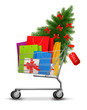 Background with shopping color bags and shopping cart with sale.