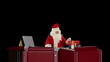 Santa Claus reading letters and sorting presents, against black