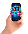 Vector: Hand holding mobile phone with icons. Vector Hand holding mobile phone with icons. Vector