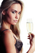 beautiful woman in lingerie drinking champagne