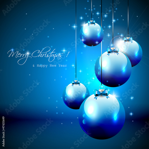 Vector: Luxury blue Christmas background with baubles. Luxury blue Christmas background with baubles.