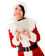 Thoughtful Mrs Claus with a tablet