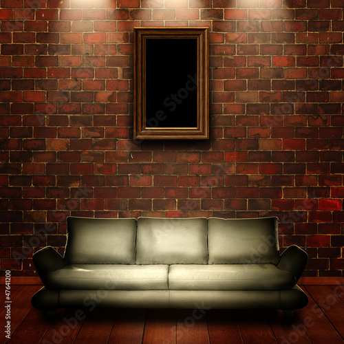 Photo: Abstract grungy interior with portrait on the wall for your desi Abstract grungy interior with portrait on the wall for your desi