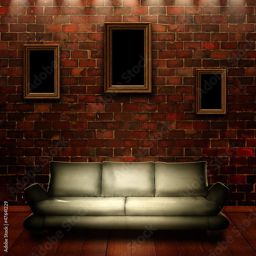 Photo: Abstract grungy interior with portrait on the wall for your desi Abstract grungy interior with portrait on the wall for your desi