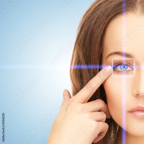 Photo: beautiful woman pointing to eye beautiful woman pointing to eye