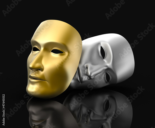 Illustration: Theater masks concept. On black background. Theater masks concept. On black background.