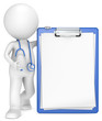 3D little human character The Doctor with a Clipboard.Copy Space