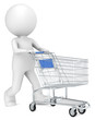 3D little human character with pushing a Shopping Trolley. Blue.