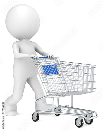 Illustration: 3D little human character with pushing a Shopping Trolley. Blue. 3D little human character with pushing a Shopping Trolley. Blue.
