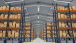 Camera travels inside a large warehouse. Seamless loop.