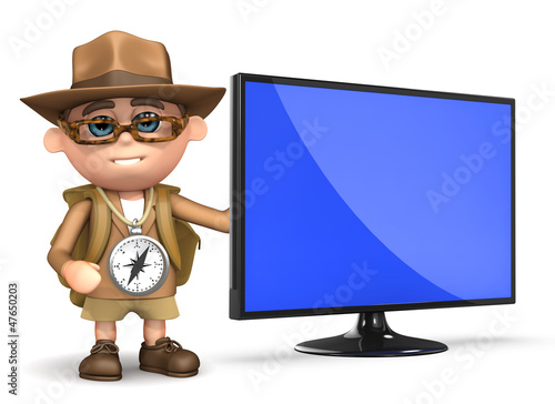 Illustration: 3d Adventurer stands by flatscreen television 3d Adventurer stands by flatscreen television