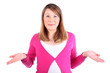 Pregnant woman wearing in pink blouse shrugs isolated on white