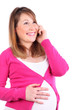 Happy pregnant woman talks at cell phone isolated on white