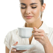 Young happy woman with cup of coffee, isolated