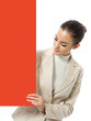 Businesswoman standing with red signboard, on white
