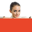 Businesswoman standing with red signboard, on white