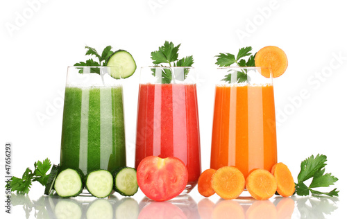 Photo: Fresh vegetable juices isolated on white Fresh vegetable juices isolated on white