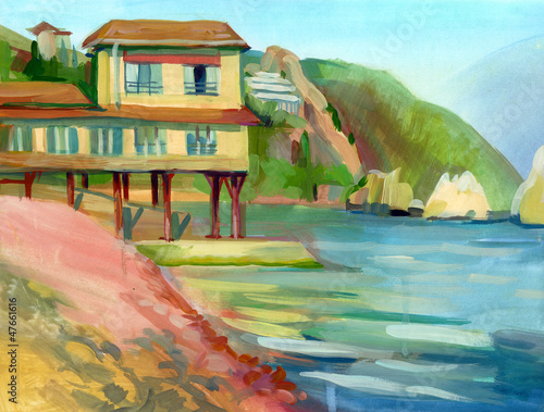 Illustration: Crimean sketch in gouache. Gurzuf. Hand-drawn Crimean sketch in gouache. Gurzuf. Hand-drawn