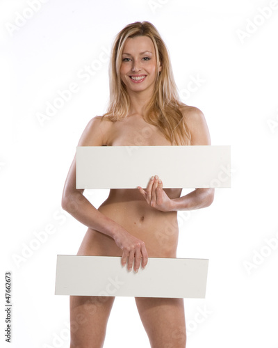 Photo: natural nude woman holding empty white billboard natural nude woman holding empty white billboard
