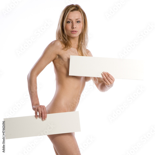 Photo: natural nude woman holding empty white billboard natural nude woman holding empty white billboard