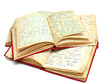 stack of old books with red covers and one of them open on top