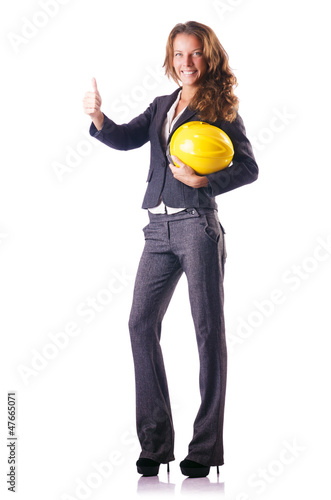 Photo: Woman construction worker with hard hat on white Woman construction worker with hard hat on white