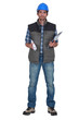 Tradesman holding rolled-up blueprints and a clipboard