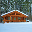 Wooden cottage in snowy forest