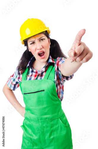 Photo: Female construction worker isolated on white Female construction worker isolated on white