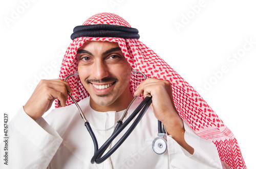 Photo: Arab doctor with stethoscope on white Arab doctor with stethoscope on white