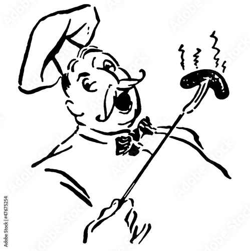 Illustration: a robust chef about to eat a large sausage a robust chef about to eat a large sausage