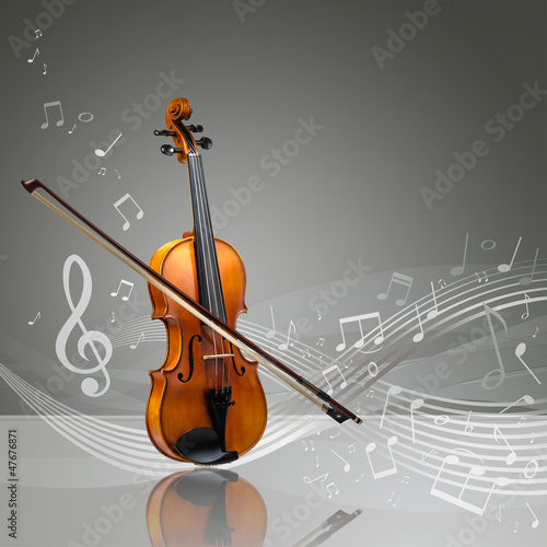 Illustration: Violin and fiddle stick with musical notes Violin and fiddle stick with musical notes