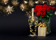 bottle of champagne with golden fireworks on black