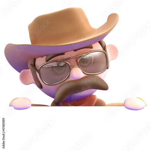 Illustration: Cowboy peeps over top of blank white page Cowboy peeps over top of blank white page