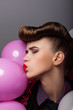 Emotions. Comic Funny Girl with Colorful Air Balloons Grimacing