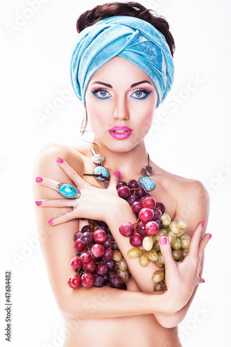 Photo: Woman with Grapes Wine isolated on White background Woman with Grapes Wine isolated on White background