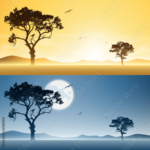 Vector: Two Landscapes Day and Night with Moon and Sunset, Sunrise Two Landscapes Day and Night with Moon and Sunset, Sunrise