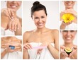 Spa collage of manicure, sunflower, avocado, massage ball and cr